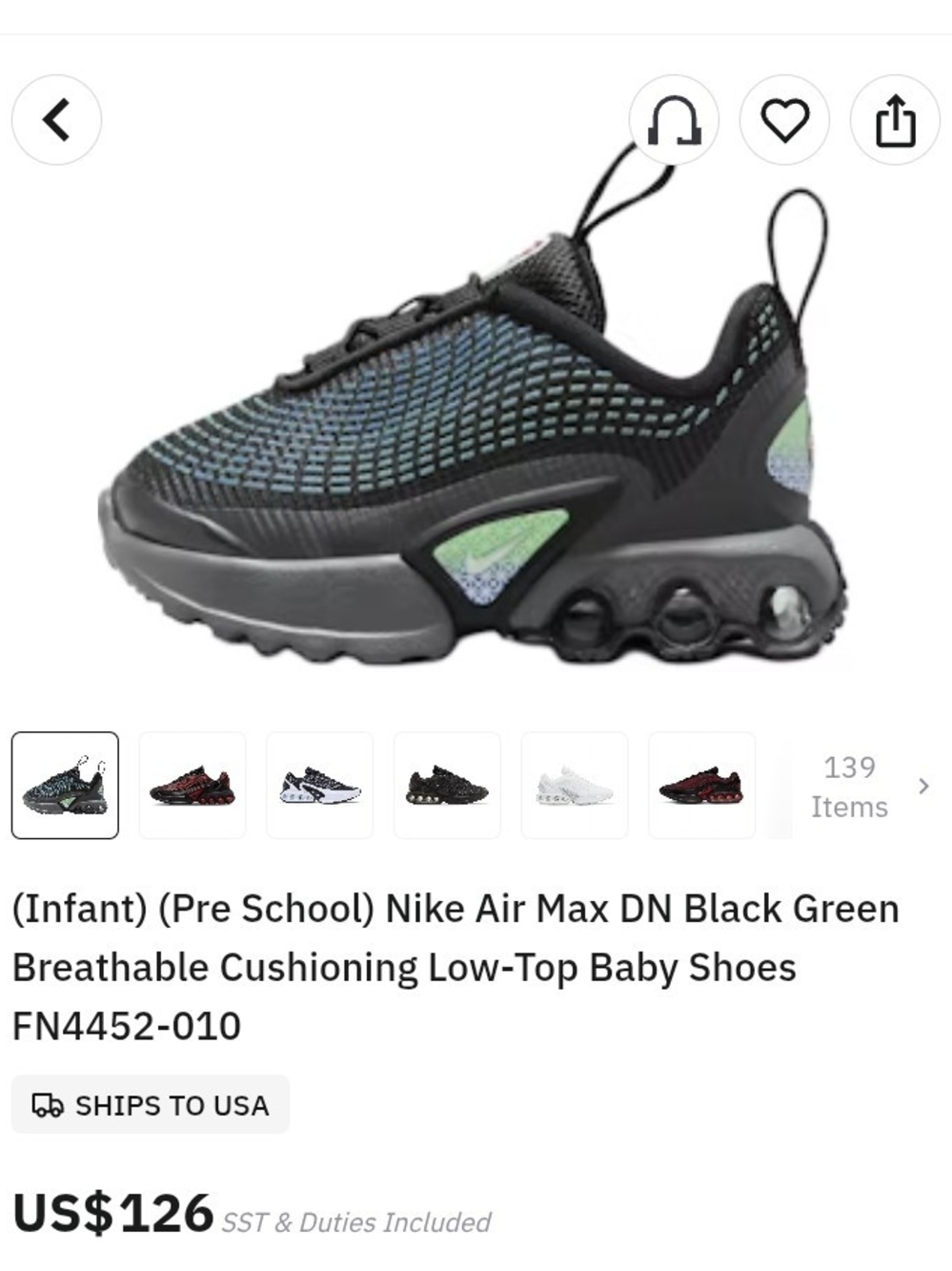 Nike Kids Air Max DN Infant/Toddler Shoes - Black/Green
